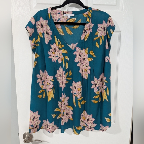 DR2 by Daniel Rainn Teal Floral V-Neck Short Sleeve Blouse in Size 2X - Picture 1 of 8